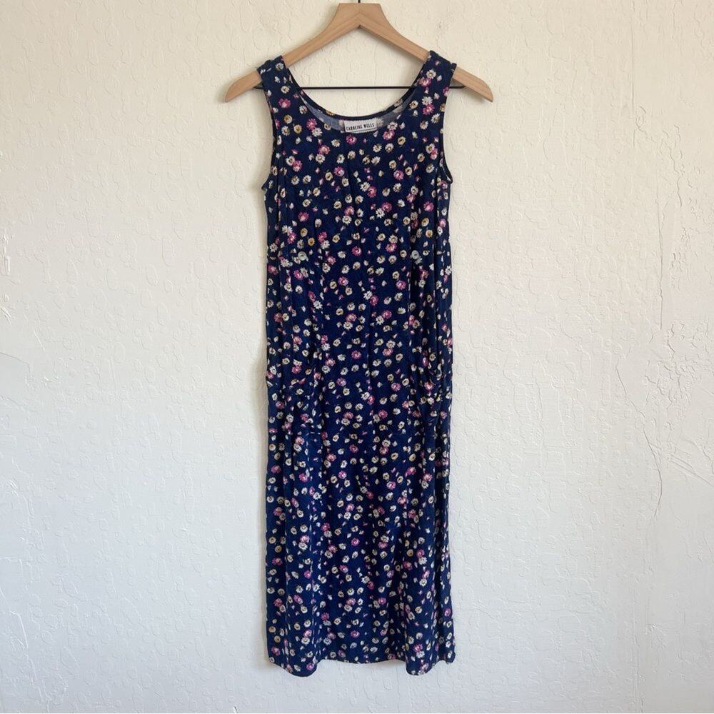 Vintage 90s Caroline Wells Sleeveless Midi Slip Dress size 6 Petite Blue Floral - Picture 1 of 4